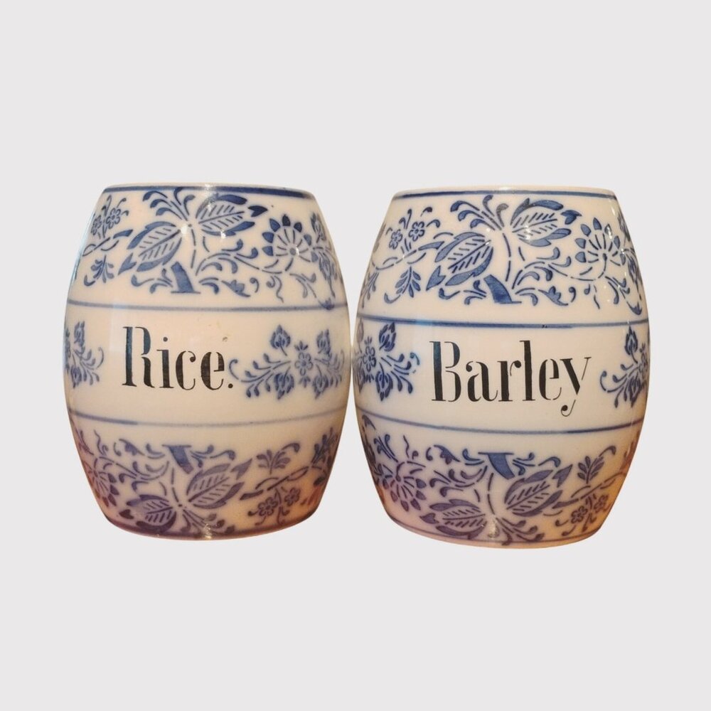 Vintage Germany Porcelain Blue Onion Rice & Barley Canisters No Lids Set of 2